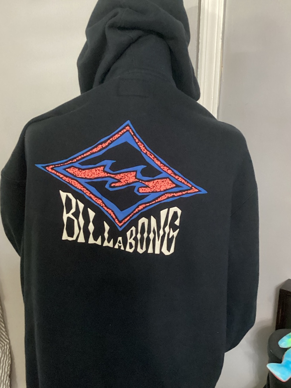 Billabong Men's Black Crewneck Hoodie with Blue and Red Back Graphic